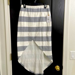Roxy  pull on hi-lo faux wrap skirt in white with navy stripes